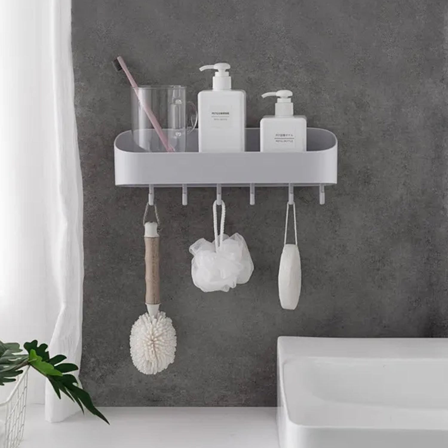 4058 Multipurpose Bathroom Kitchen Shelf Plastic Wall Storage Organizer with 6 Hooks Without Drill self Adhesive and Magic Sticker DeoDap 4058 Multipurpose Bathroom Kitchen Shelf Plastic Wall Storage Organizer with 6 Hooks Without Drill self Adhesive and Magic Sticker DeoDap